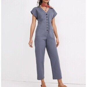 Madewell Womens Blue Cap Sleeve Jumpsuit 2XS Short Sleeve V Neck Ankle Casual